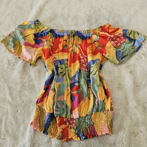 Christian Siriano Multicolor Off-Shoulder Blouse Medium Tropical Resortwear Top